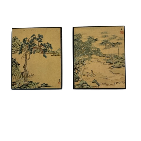 Other - Vintage Asian-Inspired Wall Art Pair - Traditional Landscape Scenes Wood Backing